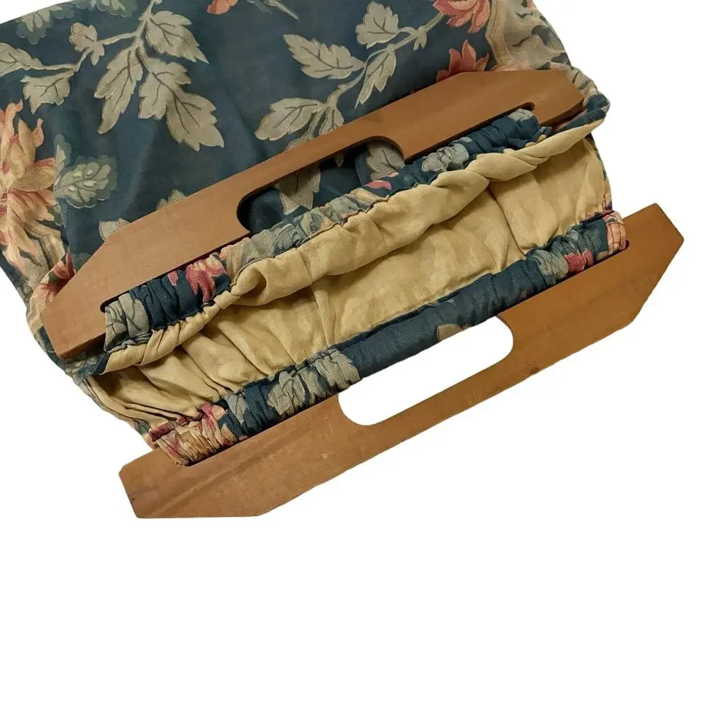 Vintage Floral Cotton Handbag with Wood Handle